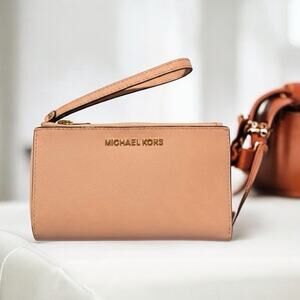 Michael Kors Jet Set Travel Double Zip Wristlet Blossom Logo Zipper Wallet